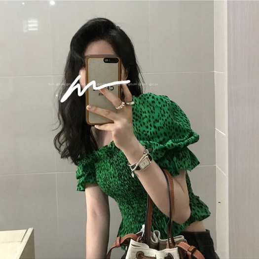 QADCOL Áo Kiểu Tay Phồng Cổ Vuông In Họa Tiết Da Báo Màu Xanh Lá Phong Cách Hàn Quốc