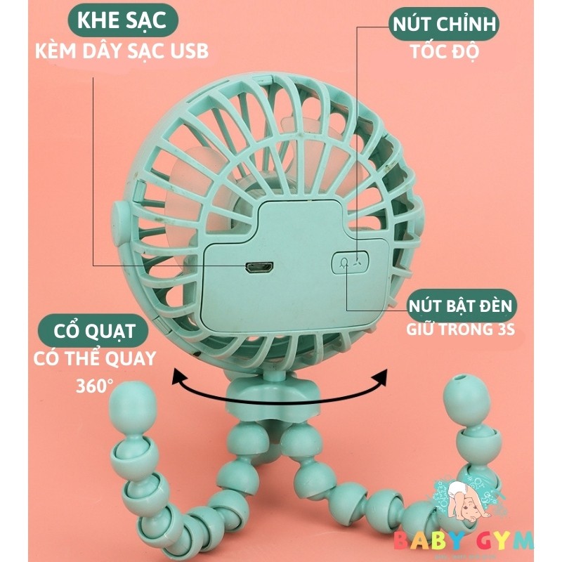 Quạt tích điện mini cầm tay, để bàn, có đèn – Quạt sạc điện mini – BabyGym