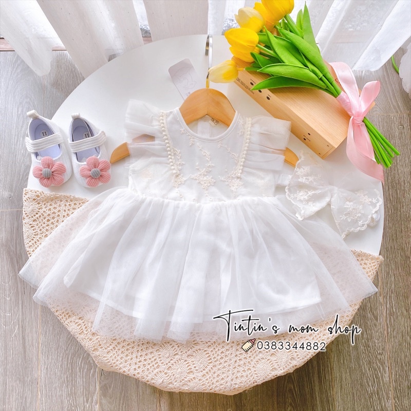 Set váy hoa thêu cánh tiên đầy tháng/ thôi nôi cho bé gái kèm nơ