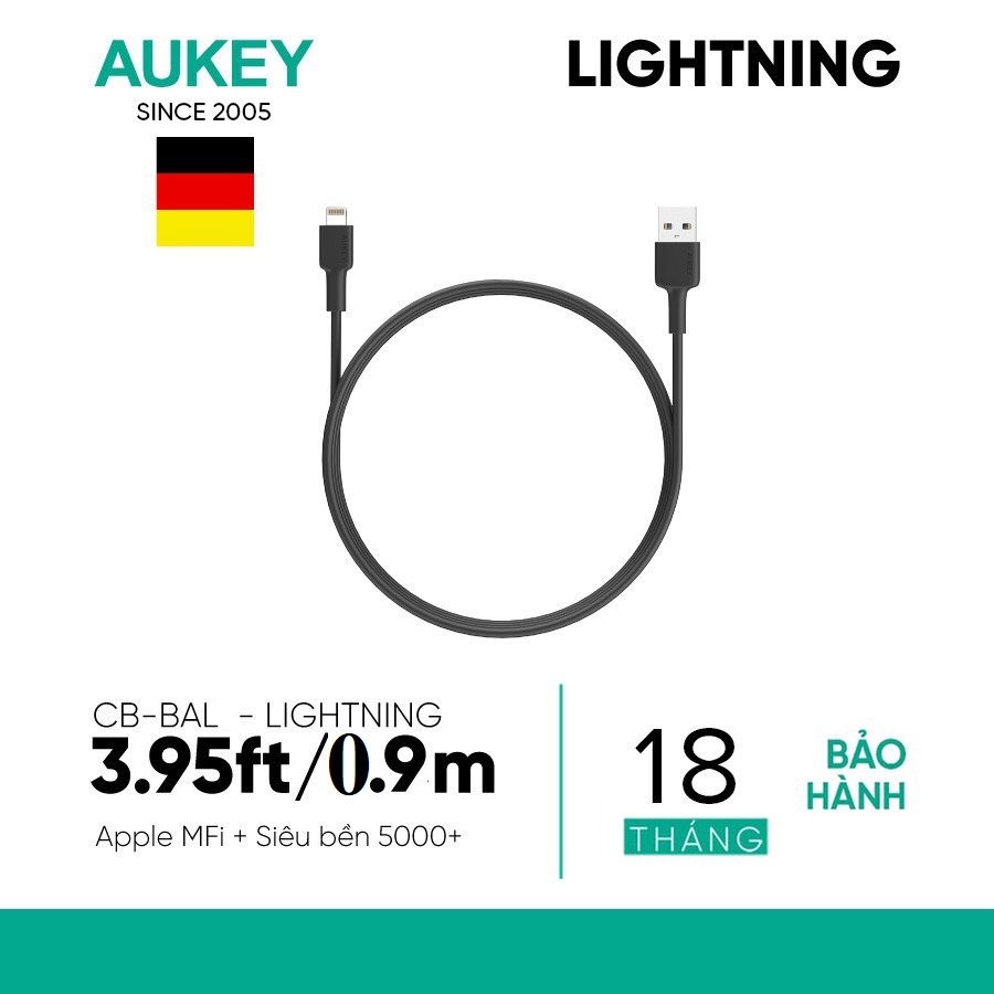 Cáp Sạc Lightning Aukey CB-BAL7 Chuẩn MFi Cho Mọi Thiết Bị Apple - Chất Liệu PVC Cao Cấp - Dài 0,9m - Hàng Chính Hãng