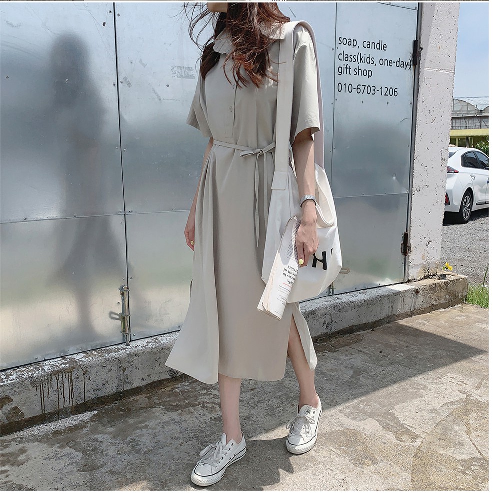 Đầm Midi 34892 Ngắn Tay Cổ Chữ V Trơn Màu Xinh Xắn