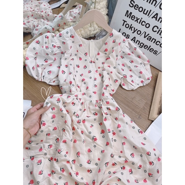 ĐẦM MIDI HOA CHÉO NGỰC KEM TAY BỒNG NHẸ