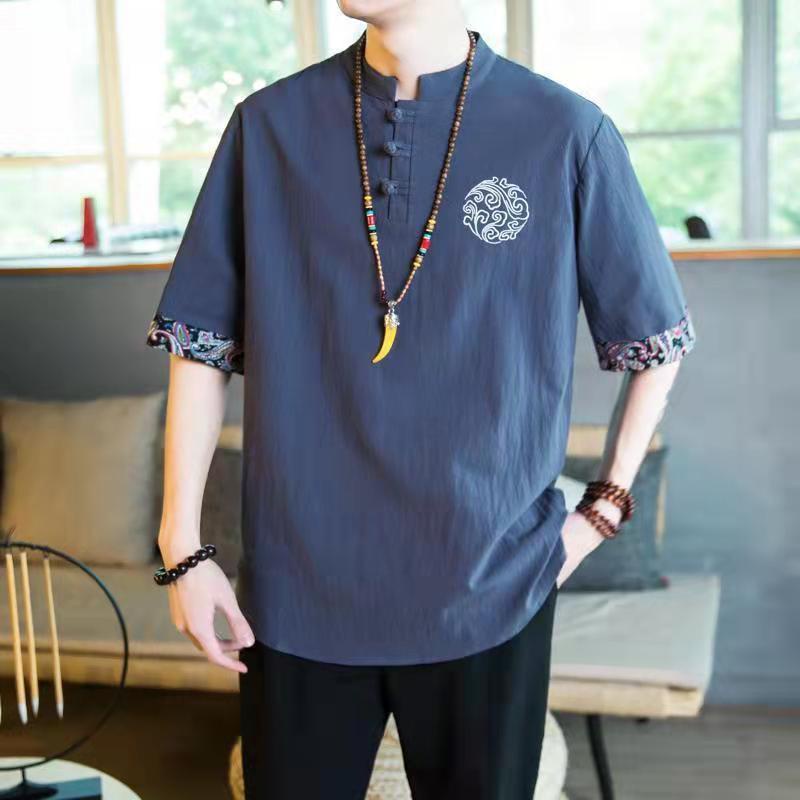 Áo Thun Cotton Lanh Mỏng Tay Ngắn Dáng Rộng Thêu Hình Chim Hạc Kiểu Trung Hoa Thời Trang Cho Nam 06.29
