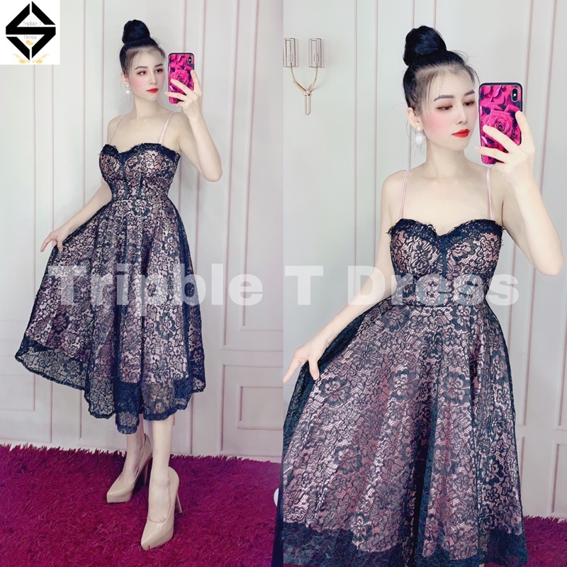 Đầm xoè 2 dây ren phối màu lót trong siêu xinh TRIPBLE T DRESS - size M/L - MS384V