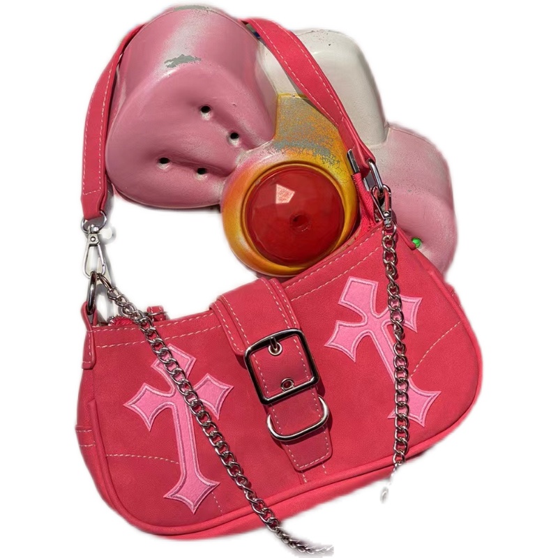 Túi Xách Đeo Dưới Cánh Tay Chất Liệu Canvas Phối Dây Xích Họa Tiết Hoa Hồng Đỏ