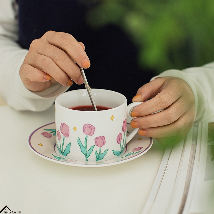 Bộ tách trà và đĩa lót tách trà, bộ ly sứ uống trà, tách cafe bằng sứ cao cấp phong cách vintgae làm quà tặng sinh nhật