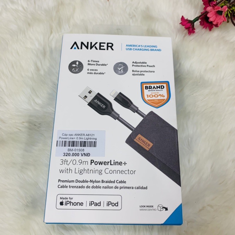 Cáp sạc ANKER A8121 PowerLine + 0.9m Lightning dây dù