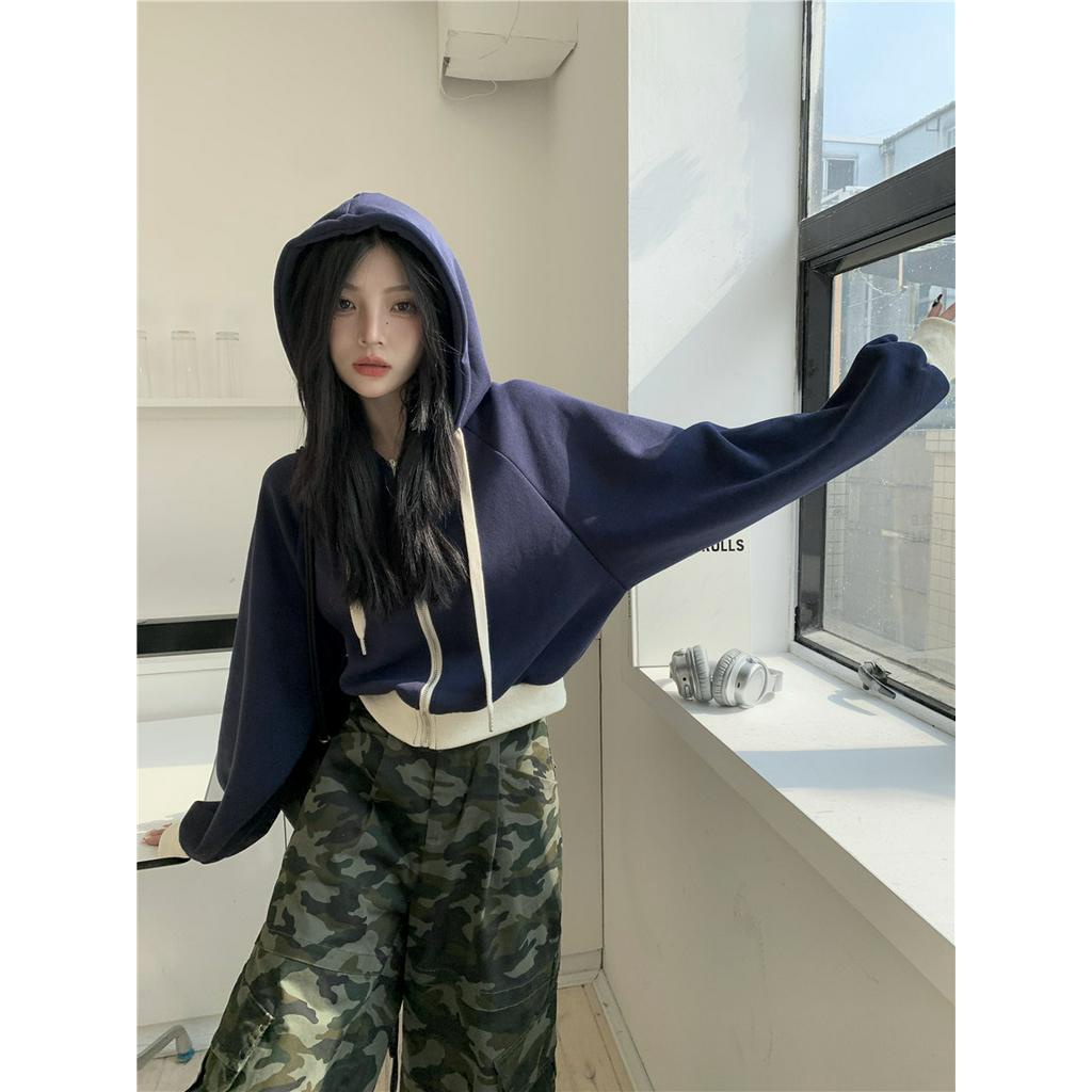 68375 Áo Hoodie Ngắn Dây Rút Áo Nỉ Phụ Nữ Áo Rời