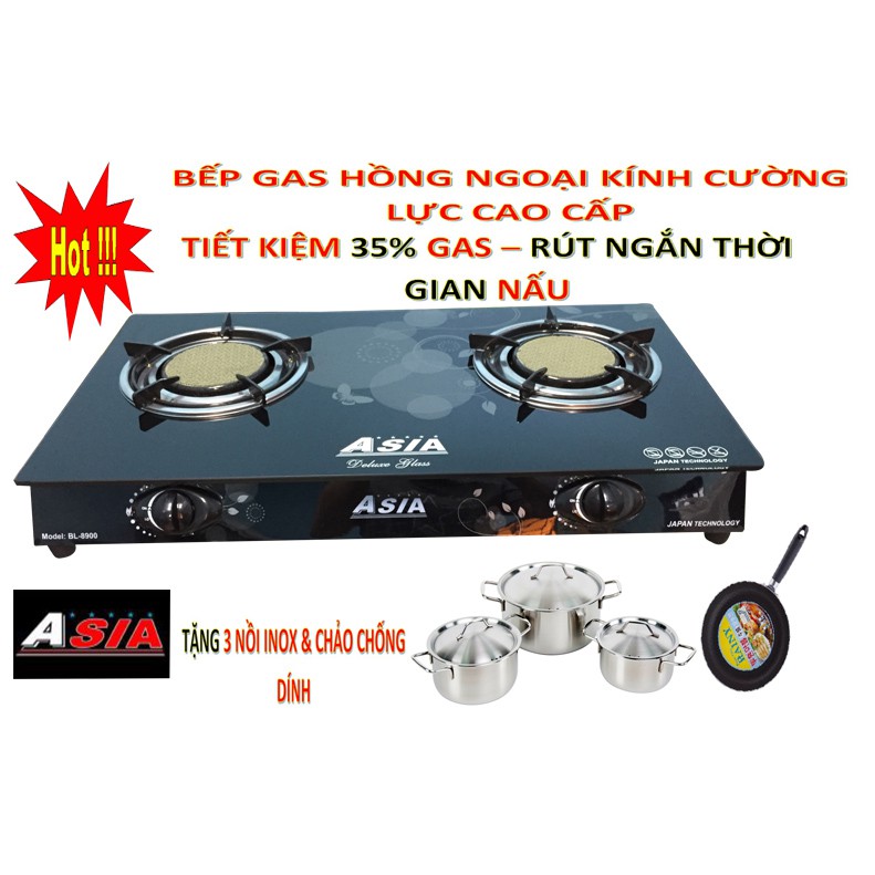 Bếp gas hồng ngoại ASIA BL-8900 tặng 3 nồi inox và 1 chảo chống dính