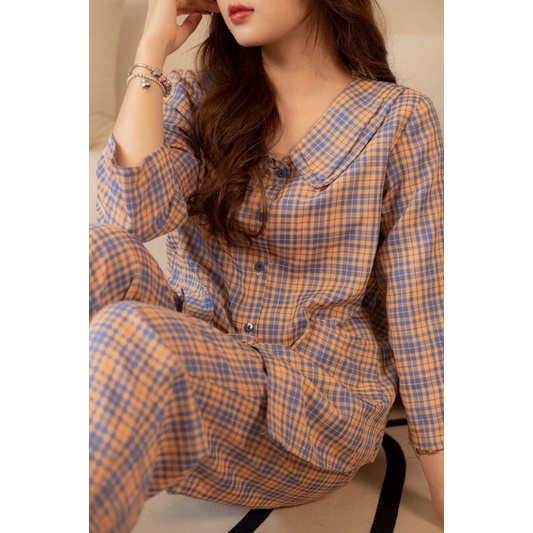 SP000131 Bộ ngủ kẻ dáng dài cổ đôi