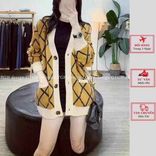Áo cardigan len nữ oversize phom rộng kẻ caro vàng ulzzang Hàn Quốc