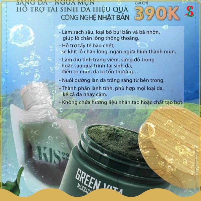 Bột rửa mặt massage vi tảo KIS22 Green Vita sáng da sạch mụn tẩy tbc se khít lỗ chân lông MatxiCorp 80g NPP Songliemshop
