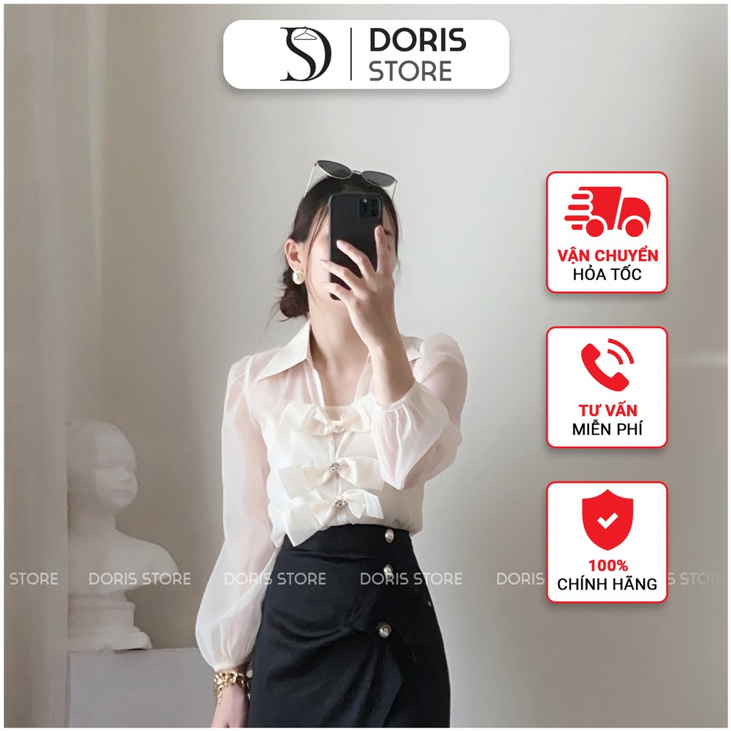 Áo voan tơ 2 lớp cổ nơ hoa DORIS S1267