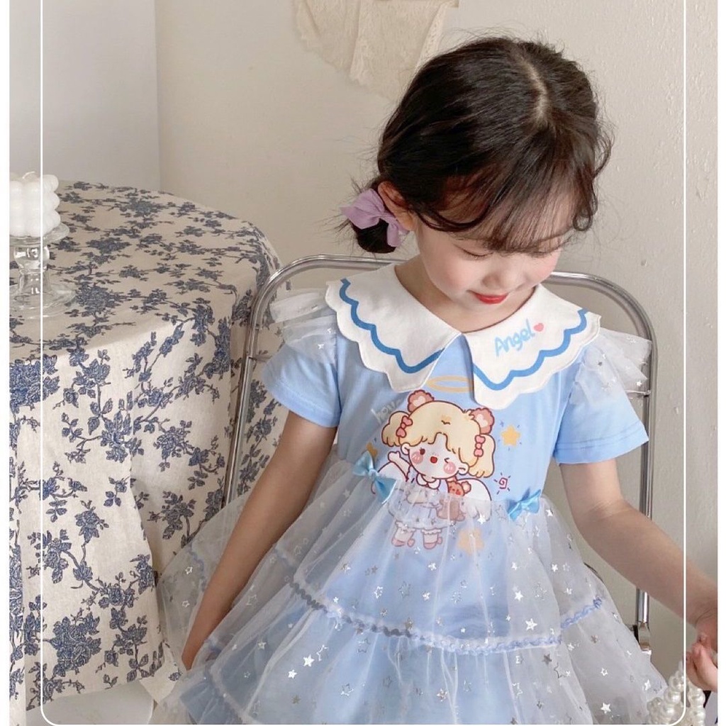 Đầm Công Chúa Tay Ngắn Phối Lưới In Hoạt Hình Kiểu Hàn Quốc Thời Trang Mùa Hè Cho Bé Gái