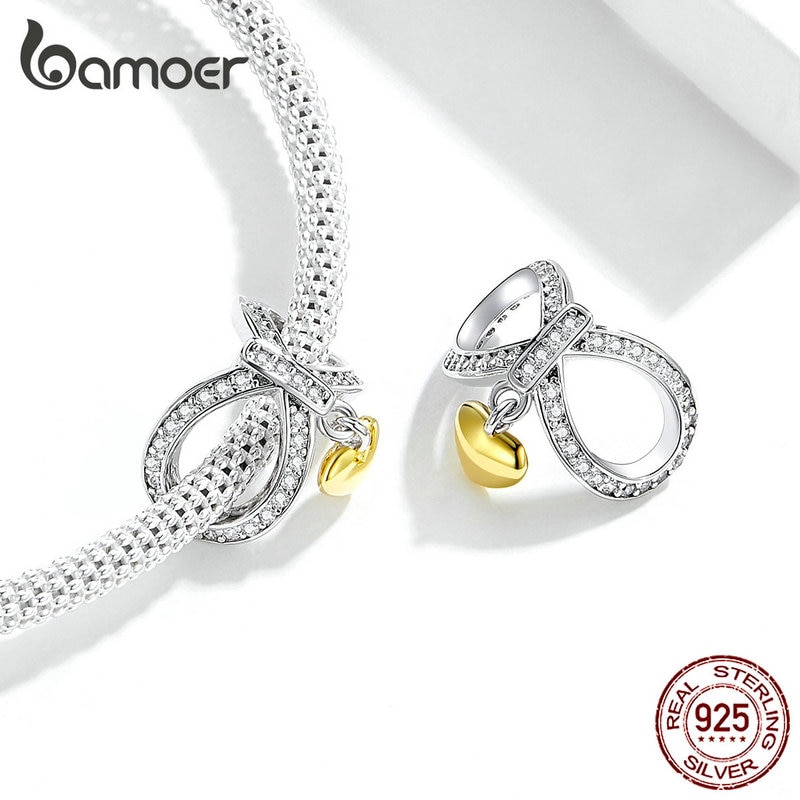 Hạt phụ kiện hiệu Bamoer SCC1300 chất liệu bạc 925 hình trái tim phối nơ dùng làm vòng tay DIY