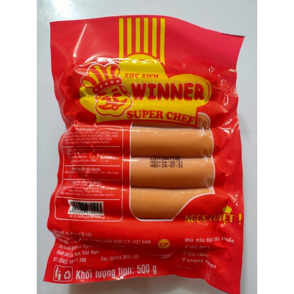 Xúc xích ăn liền hàng nhà máy CBTP CPVN loại 12 cây/ gói bao bì 500gr