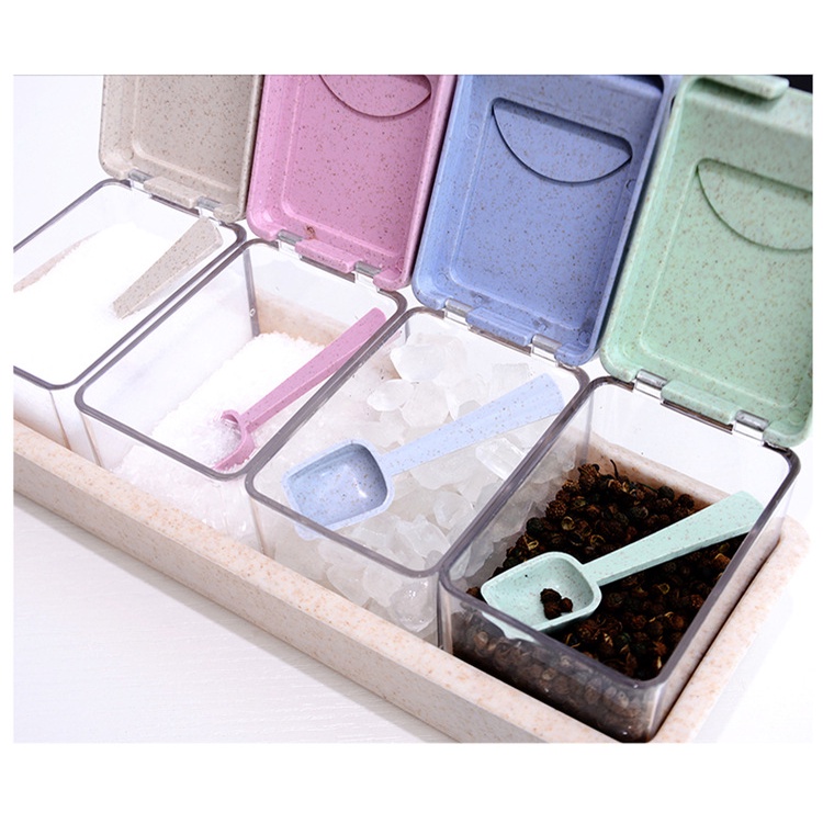 Set 4 Hũ Đựng Gia Vị Đẹp Có Kèm Thìa, muỗng Nhựa lúa mạch - Lọ Đựng gia vị nhà bếp thông minh