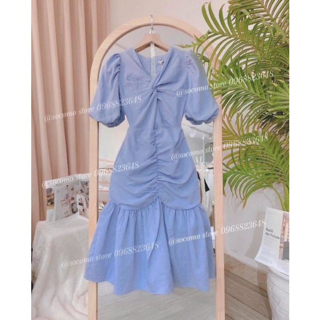 Váy tiểu thư dúm đuôi cá xoè dáng dài dễ thương.Đầm xanh chất đũi nhẹ mát, tay bồng 2 lớp.