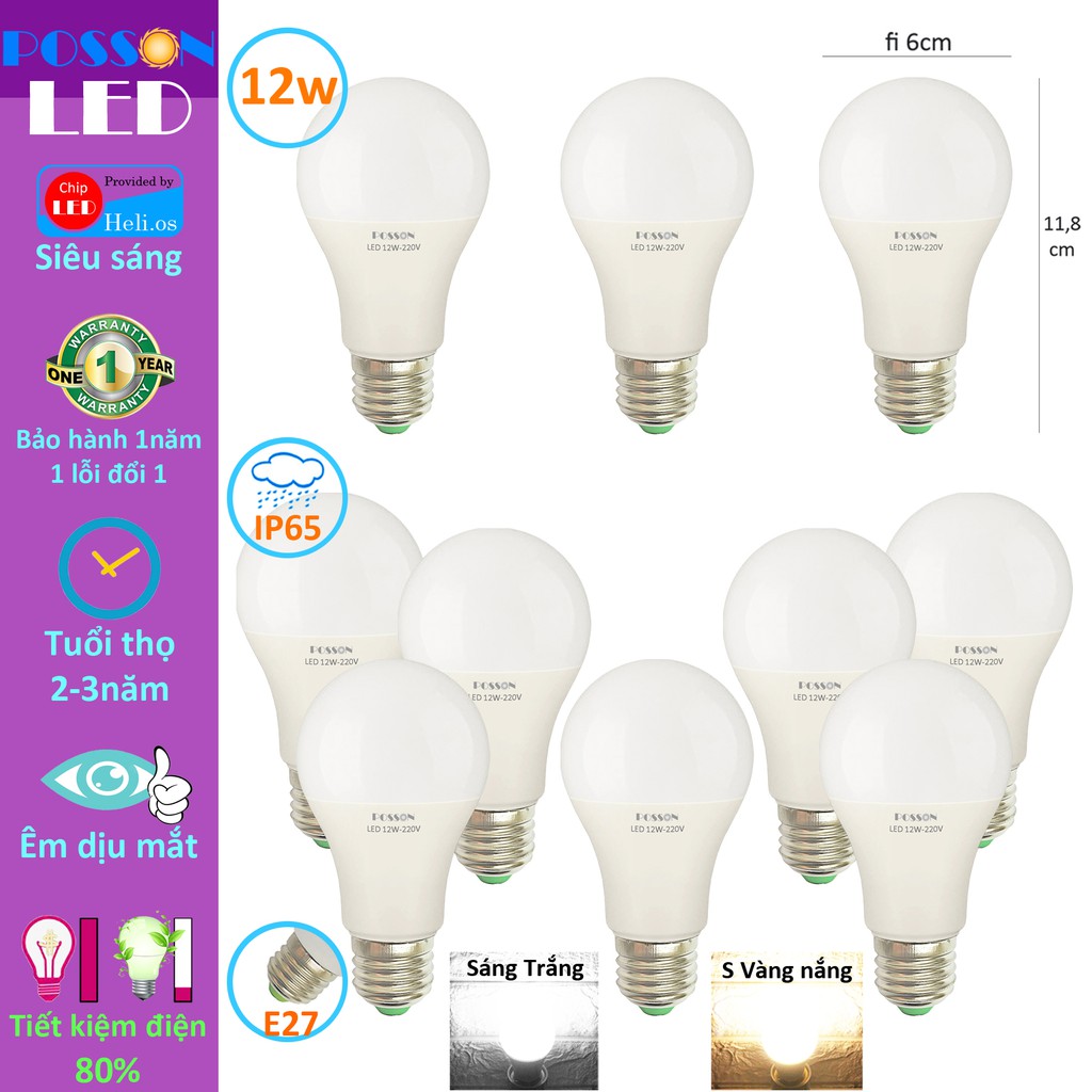 10 Bóng đèn Led 12w A60 bup tròn bulb kín chống nước tiết kiệm điện siêu sáng Posson LB-H12x