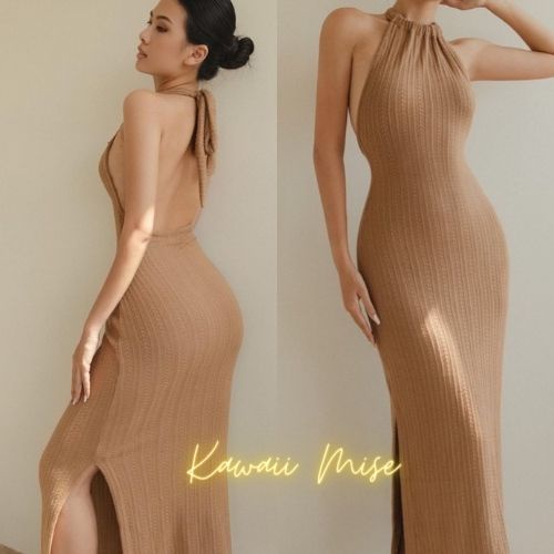 Váy len nữ sexy đầm yếm nude len dệt sang chảnh ôm body phong cách tây đẹp sexy Kawaii Mise