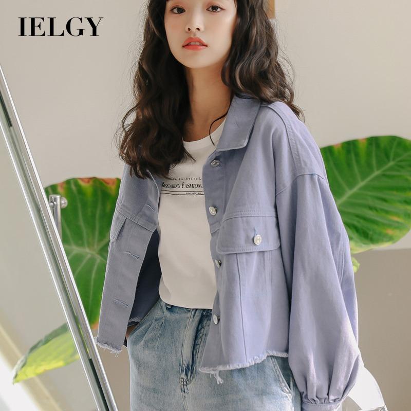 Áo khoác denim IELGY dáng rộng màu tím nhạt/ trắng kiểu Hàn Quốc xinh xắn cho nữ