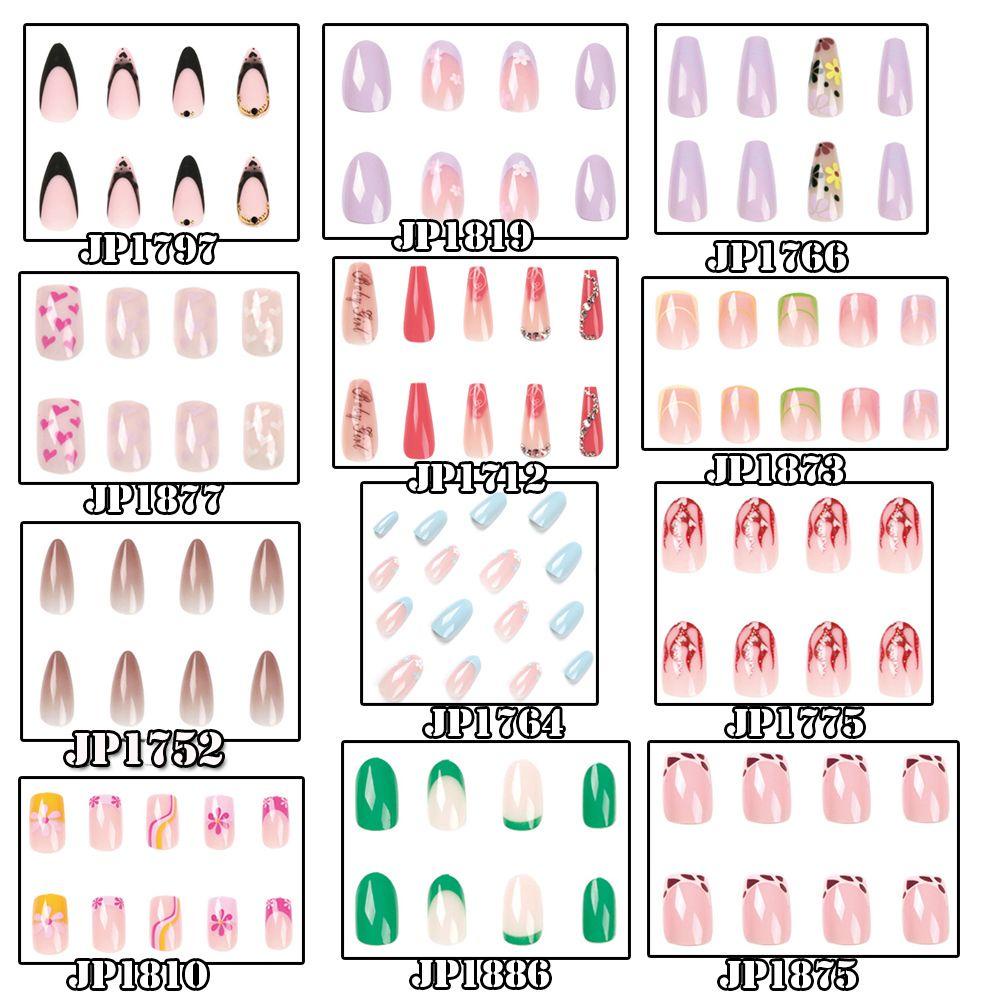 Set 24 Móng Tay Giả Màu Đen / Xanh Lá Họa Tiết Trái Tim