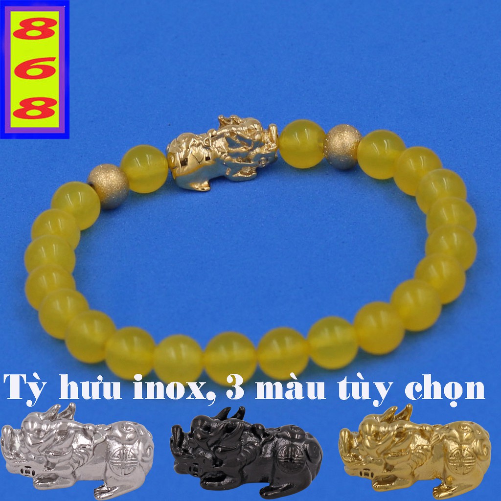 Vòng tay Đá Tự Nhiên Vàng Trơn 6 ly 2 bi Charm Tỳ Hưu inox VTAVTHHBV6 - Hợp mệnh Kim, mệnh Thổ - Vòng size nhỏ