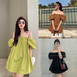 Áo váy trễ vai tay bồng tiểu thư - Đầm babydoll hở vai dáng xòe về 4 màu trắng đen hồng nâu xanh cốm phong cách ulzzang