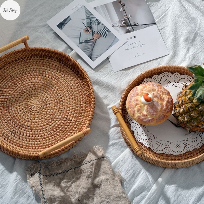 Khay Mây Decor quai gỗ đựng thức ăn, đồ uống chụp ảnh trang trí có quai sách.