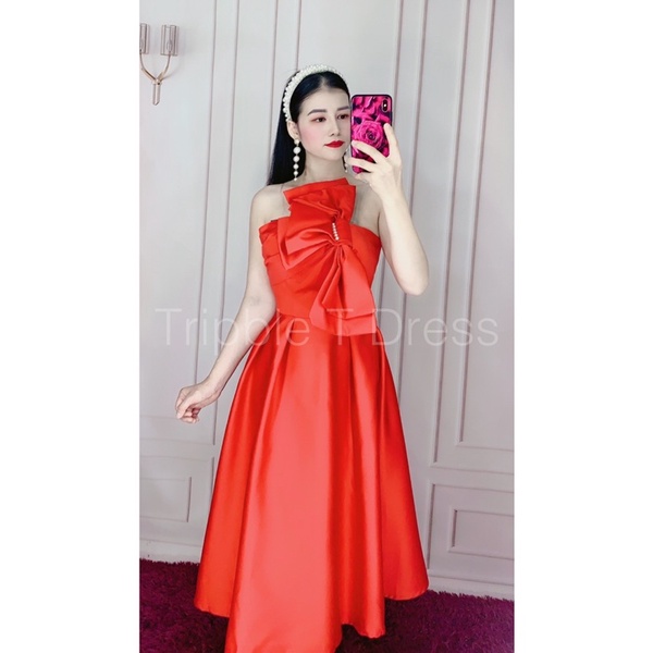 Đầm xoè dự tiệc 1 vai chéo ngực chất lụa taffeta phối nơ 3 cánh siêu xinh - size M/L - MS345V