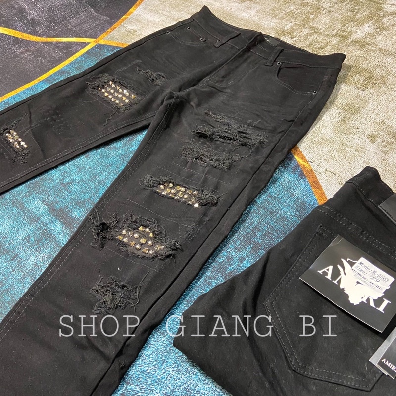 Quần jean nam đính đá to dáng slimfit,quần bò nam đính đá amiri rách xước khâu viền phần vá