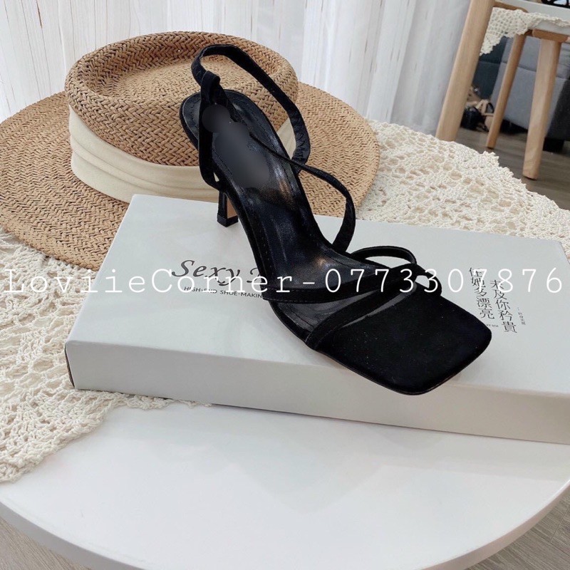 LOVIIECORNER - SANDAL CAO GÓT QUAI MẢNH DÂY CHÉO ĐẾ 9 PHÂN - GIÀY SANDAL CAO GÓT QUAI MẢNH 9CM - ĐEN - G210328