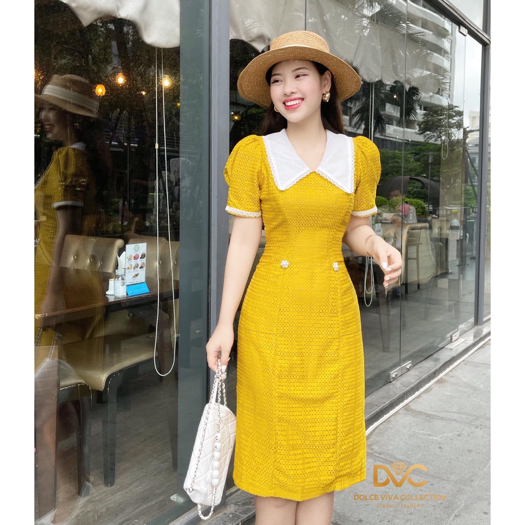 #V1957 - Váy suông công sở dáng dài, màu vàng thời thượng, sang chảnh, đầm thiết kế DVC