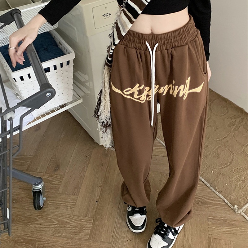 Quần Thể Thao Lưng Cao Ống Rộng In Họa Tiết Thời Trang