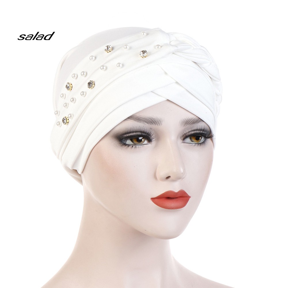 Mũ Turban Trùm Đầu Đính Hạt Màu Trơn Phong Cách Hồi Giáo Cho Nữ