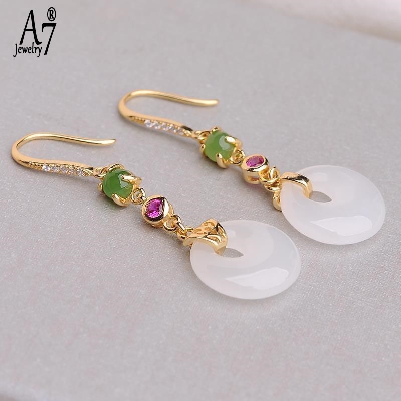 Bông Tai Bạc A7 S925 Đính Đá Ngọc Bích Trắng Thanh Lịch