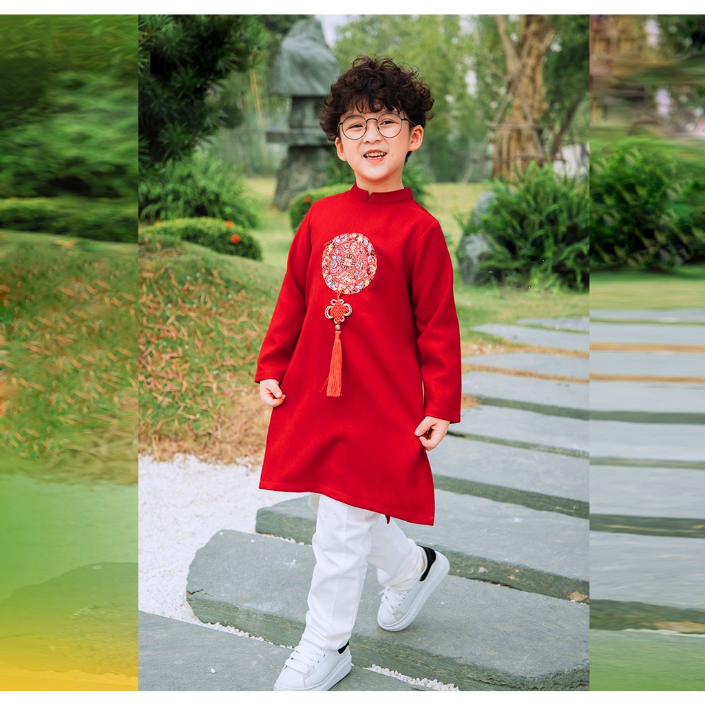 Áo dài cách tân bé trai chất tex nhung đỏ trước ngực KUBIN STORE