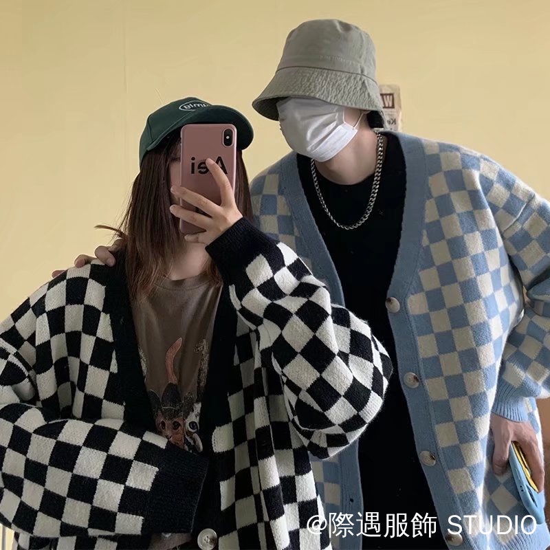 Áo Khoác Cardigan Dệt Kim Tay Dài Cổ Chữ v Dáng Rộng Màu Trắng Đen Thời Trang Thu Đông Cho Cặp Đôi