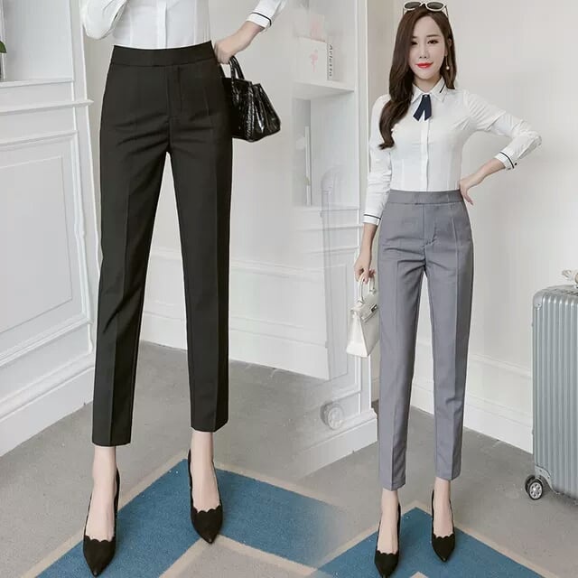 Quần tây nữ công sở lưng cao dáng ống đứng vải 2 biên cúc lệch cao cấp - Quần âu nữ cạp cao công sở sinh viên