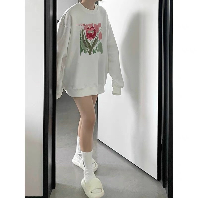 Áo Nỉ Sweat Nữ tay bồng form rộng, Áo hoodie Hoa Hồng chất nỉ bông cá tính Ulzzang