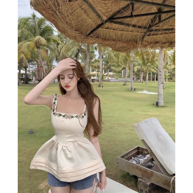 Áo babydoll hai dây đính đá cao cấp