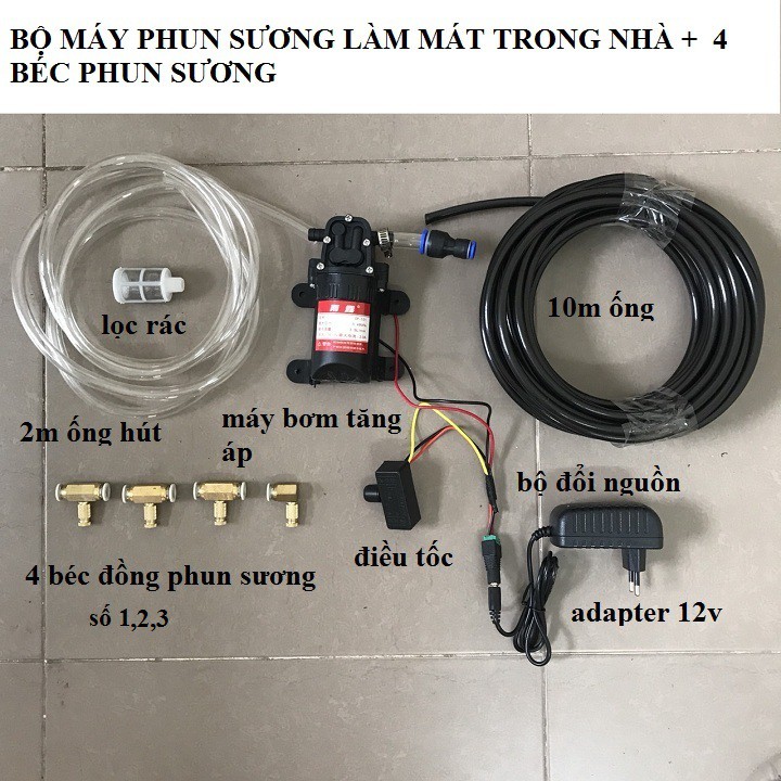 bộ máy phun sương làm mát trong nhàmini 12v béc số 1,2,3 béc đồng | bộ máy bơm phun sương | bộ máy bơm áp lực phun sương