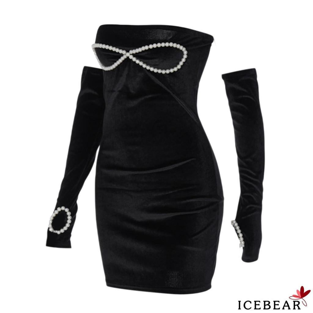 Đầm Dáng Ôm Hở Vai Màu Đen Đính Ngọc Trai Trang Trí Thanh Lịch Size S / M / L