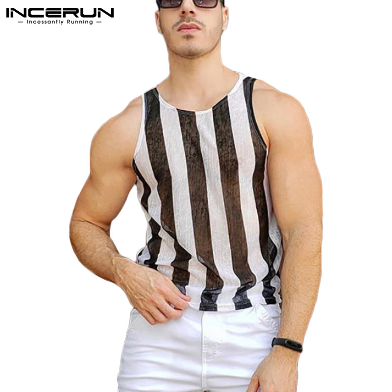 Áo không tay INCERUN in họa tiết kẻ sọc xuyên thấu thời trang quyến rũ cho nam