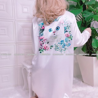 Đầm váy ngủ sơ mi chất lụa mịn mát hình mèo con