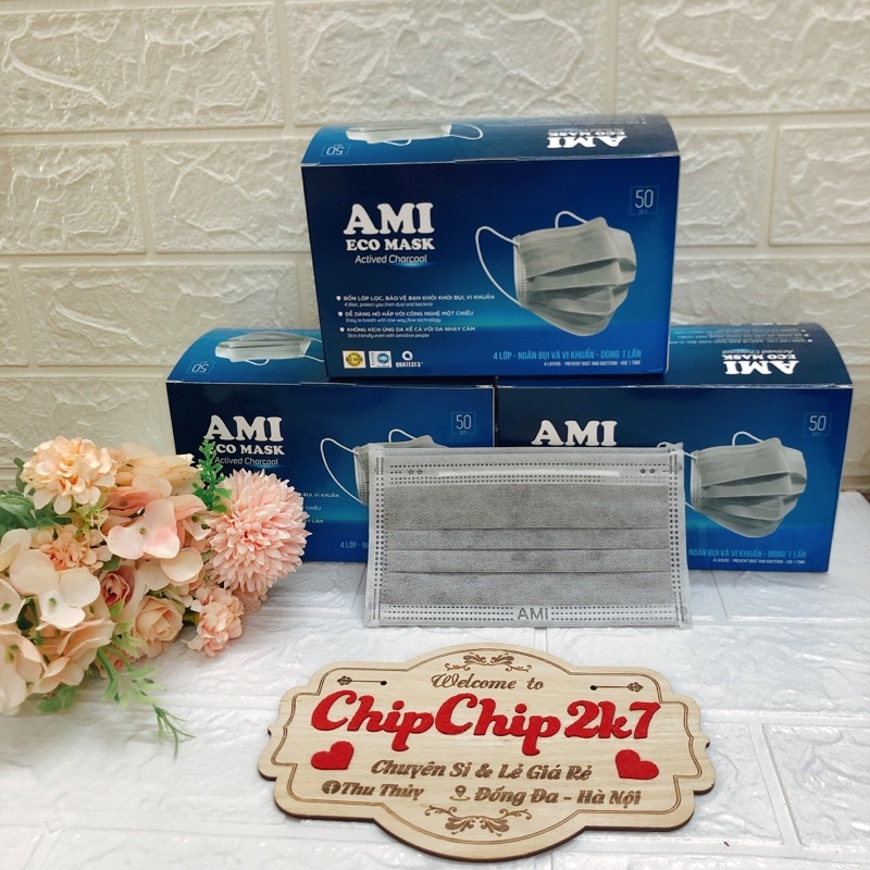 Khẩu trang y tế kháng khuẩn 4 lớp Ami màu XÁM hộp 50 cái