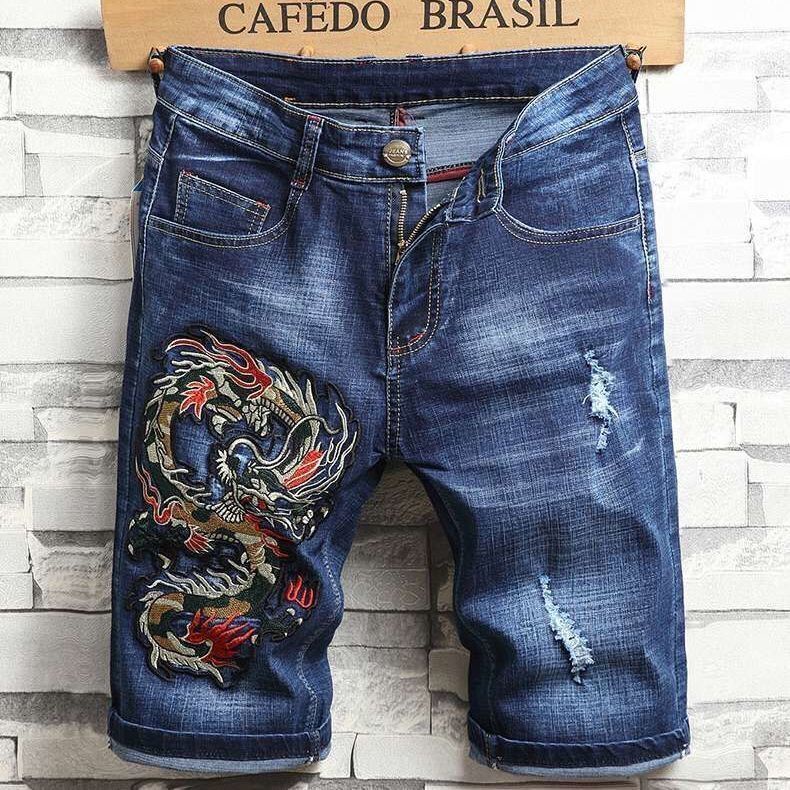 Quần Short Jean Dáng Ôm Thiết Kế Rách Thêu Họa Tiết Thời Trang Cá Tính Cho Nam