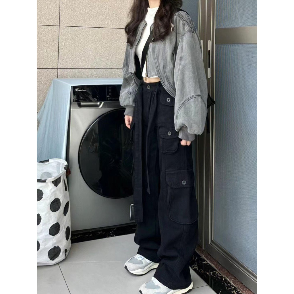 Áo Khoác Denim Dáng Rộng Ngắn Viền Cong Màu Trơn Phối Khóa Kéo Trẻ Trung Cho Nữ