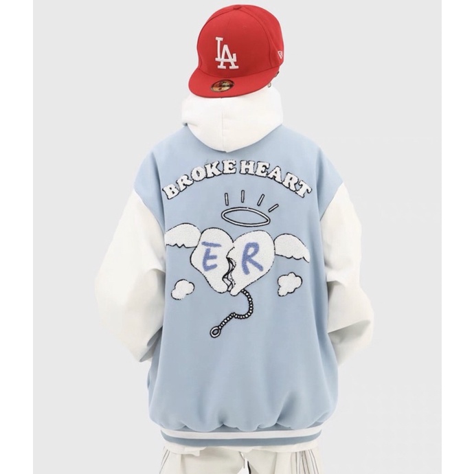 Áo bomber - Jacket varsity chất dạ tay da thêu xù 100% trái tim ER chính hãng