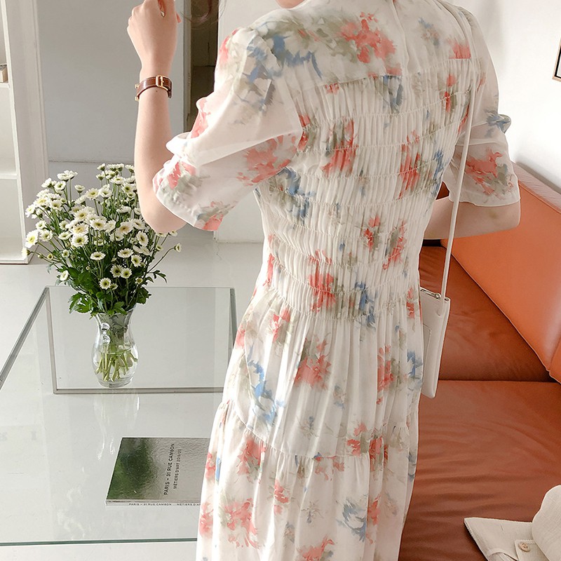Đầm voan hoa Quảng Châu dáng dài màu trắng thanh lịch
